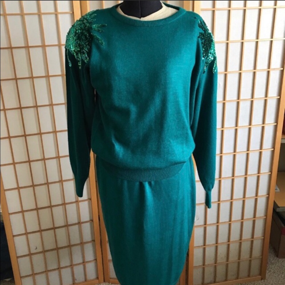 Vintage 80s Green Sequin Setter Set